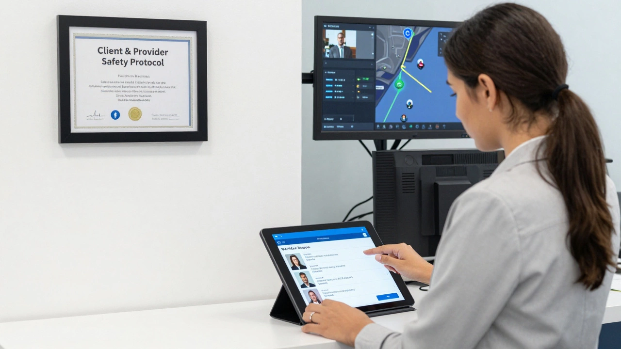 A professional escort reviewing client preferences in a secure Dubai agency office with safety protocols displayed.