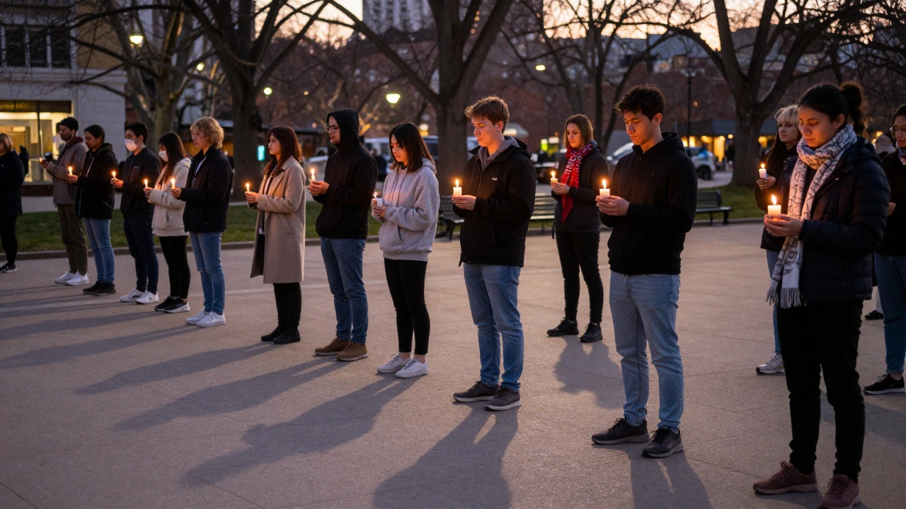 A quiet candlelit vigil in a city park with diverse individuals standing in silent solidarity.