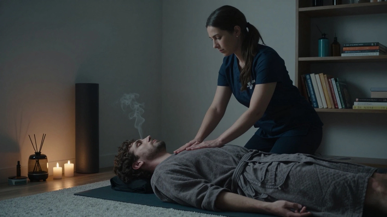 A therapeutic massage session in a serene apartment, with candles and essential oils, focused on relaxation.