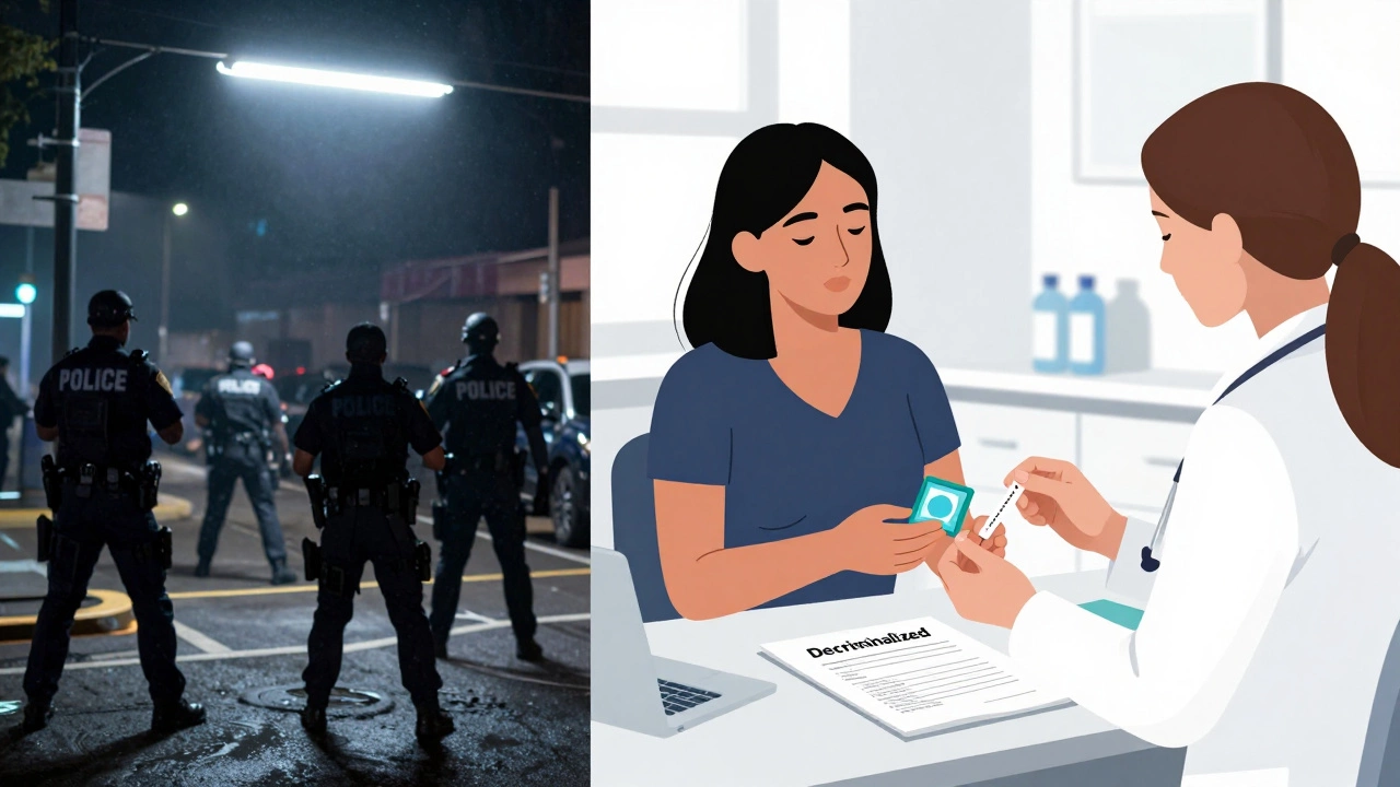 Contrasting scenes: police raid on left, safe healthcare visit on right, showing policy impact.
